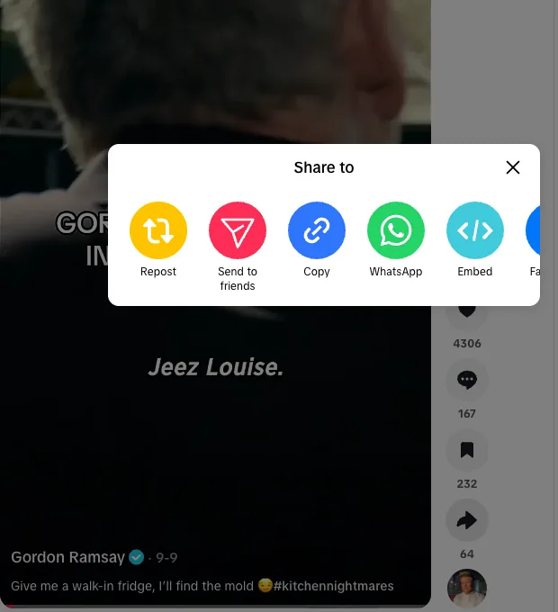 TikTok on the web: the Share to sheet open over a video, with round buttons for Repost, Send to friends, Copy, WhatsApp and Embed